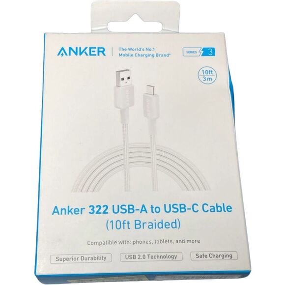 Anker 322 USB-A to USB-C Cable 10ft Braided White Fast Charging New Sealed - Picture 6 of 9